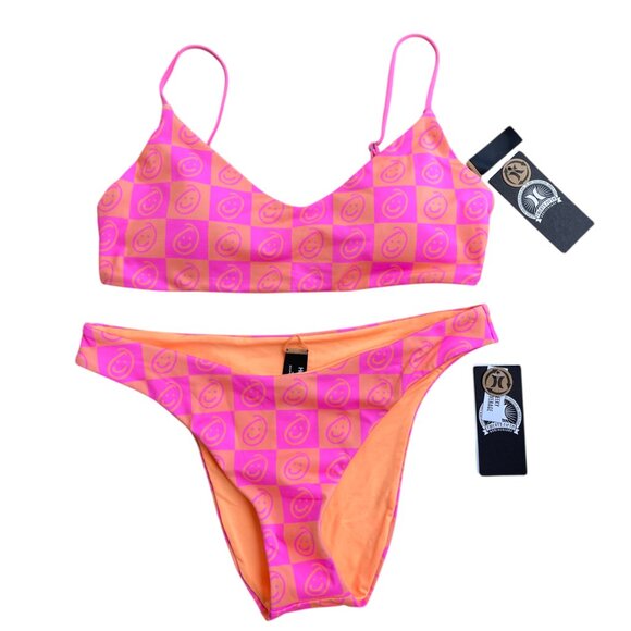 🌸 Hurley Smiley Checker Bikini Set L Neon Pink Orange Swim Top & Bottom - Picture 2 of 7